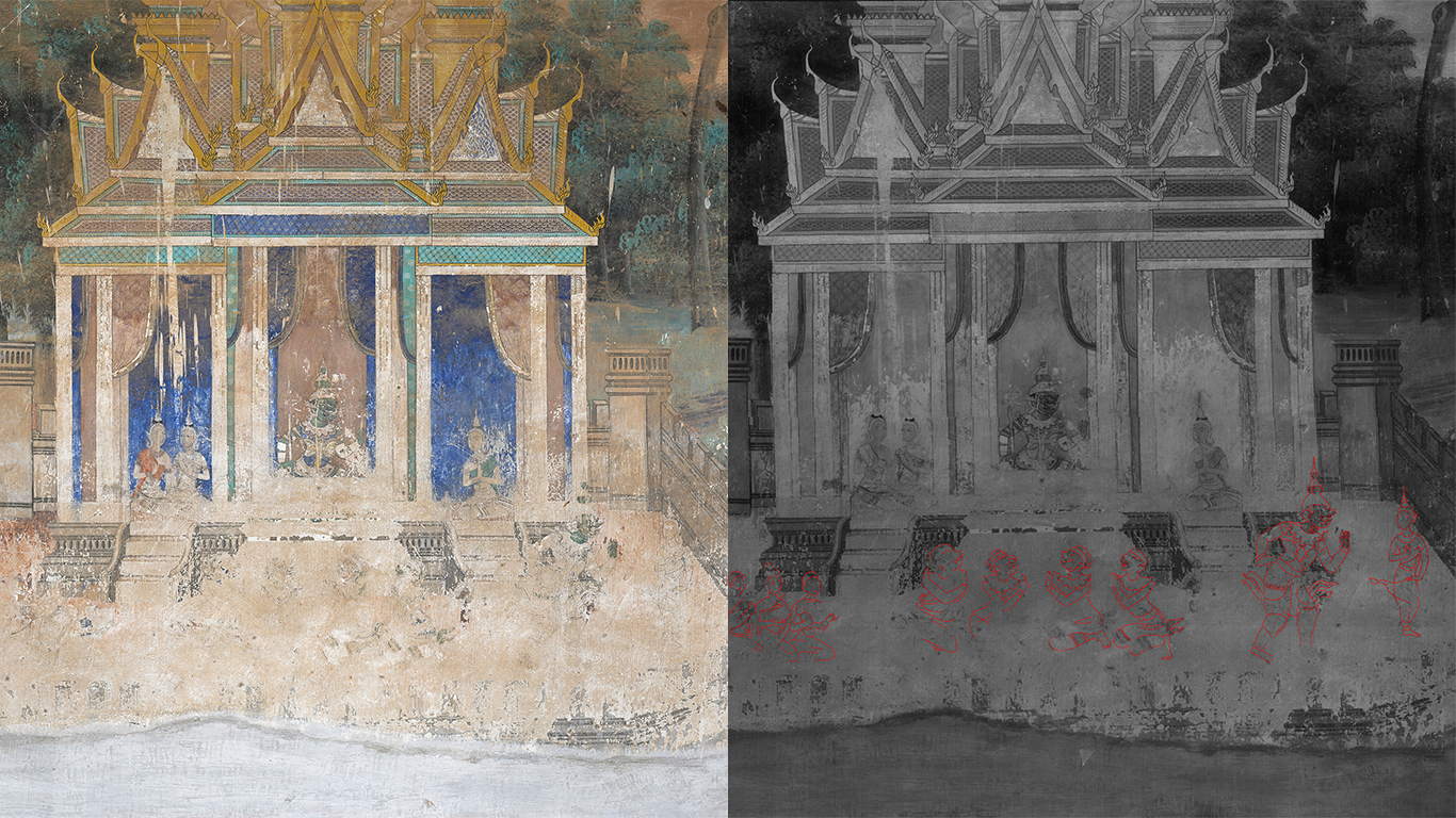 Further characters revealed to be restored; underdrawings of position changes and decision-making visible.   silver pagoda, Cambodia